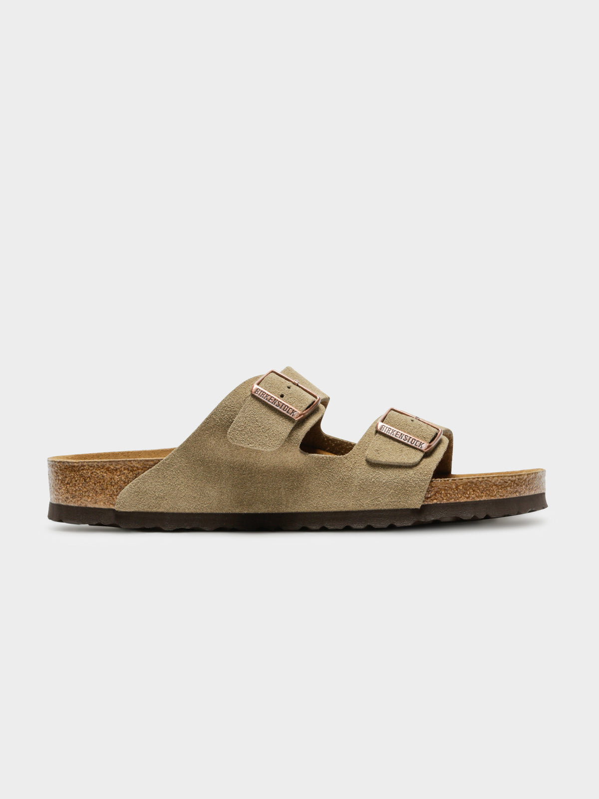 Mens Arizona Two-Strap Soft Footbed Sandals in Taupe Suede