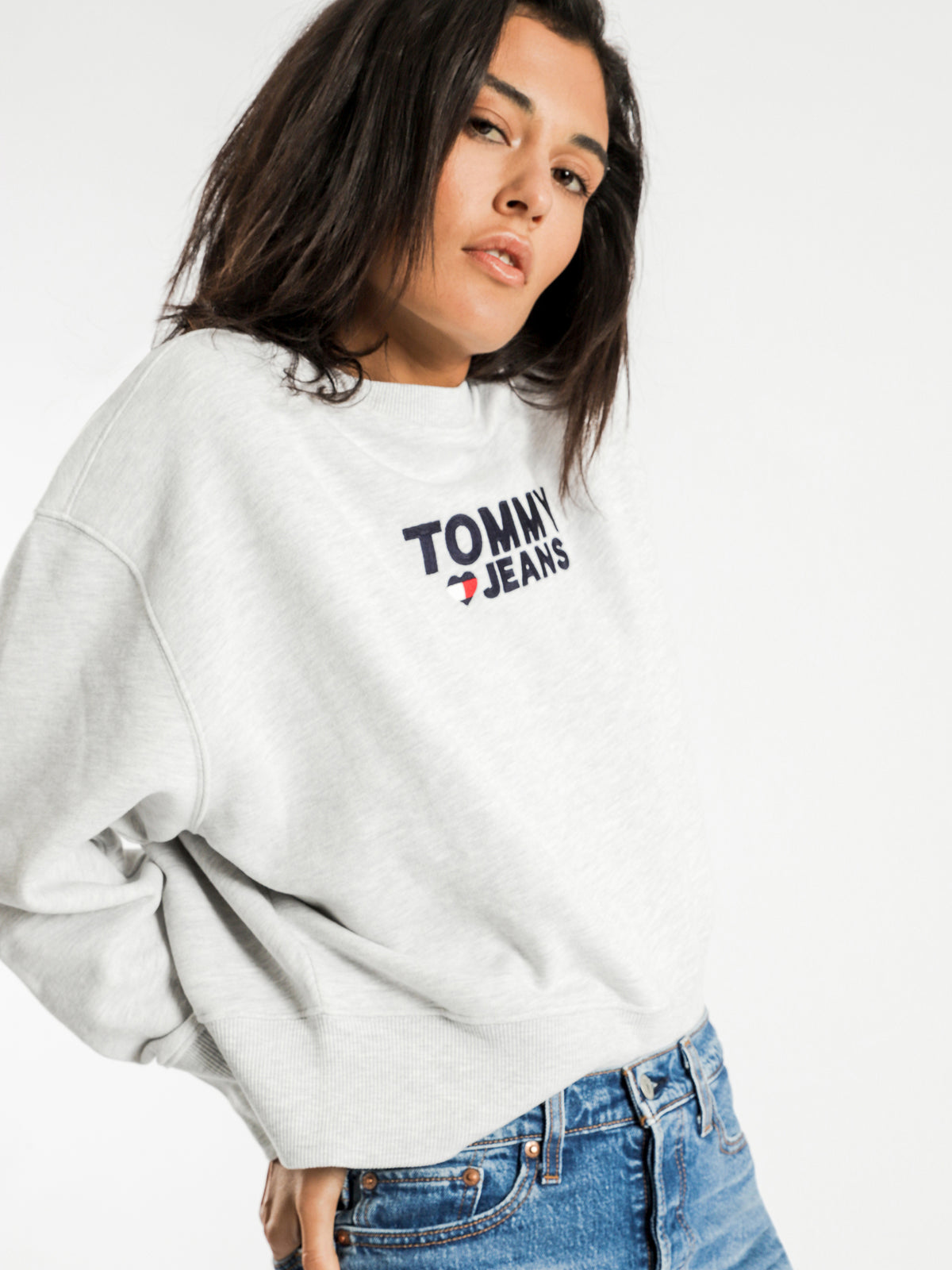 Tommy Heart Logo Crop Sweatshirt in Grey Heather