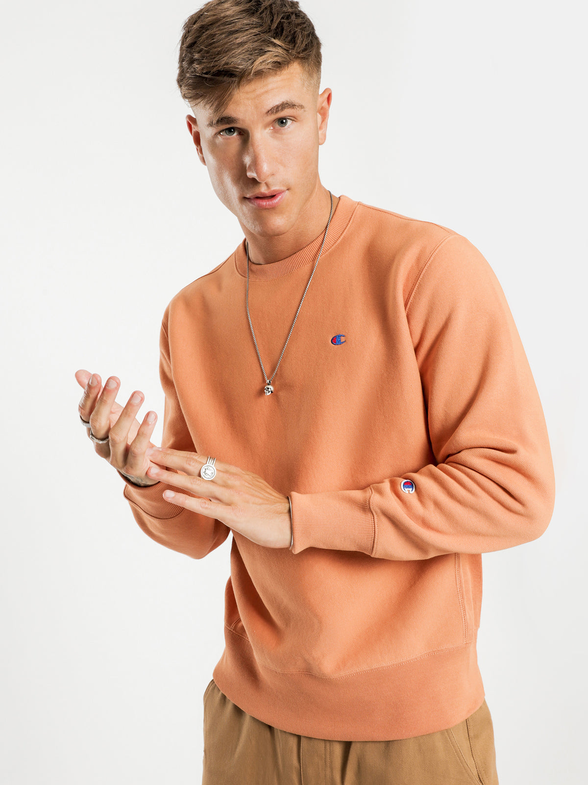 Mini Logo Reverse Weave Crew Sweater in Burnt Orange