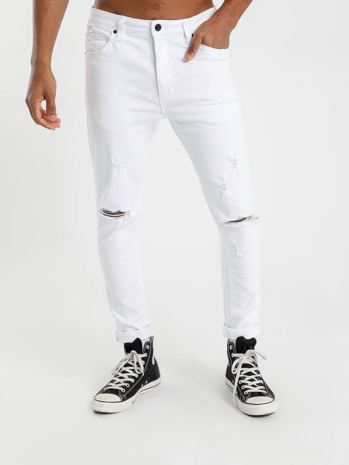 A Dropped Skinny Turn Up Jeans in White Denim