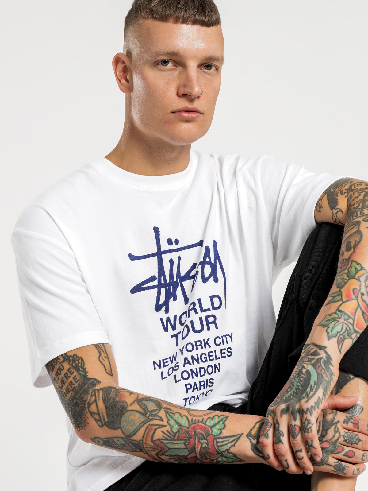 Solid Tour Short Sleeve T-Shirt in White &amp; Blue