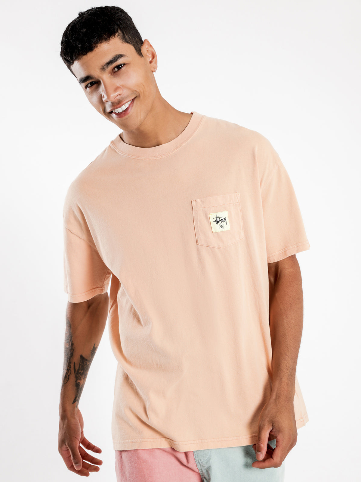 Graffiti Link Pocket Short Sleeve T-Shirt in Apricot